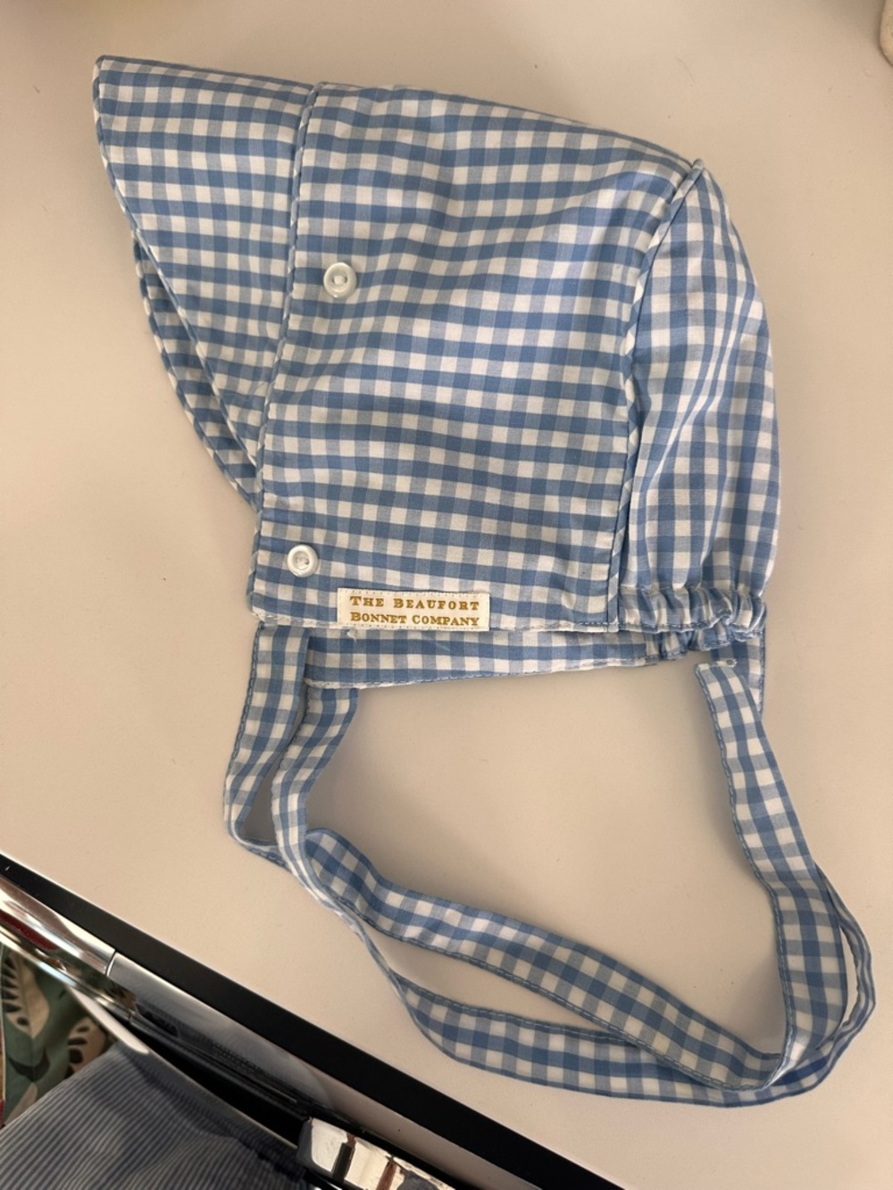 The Beaufort Bonnet Company Light Blue and White Gingham Bonnet. 9-16 months